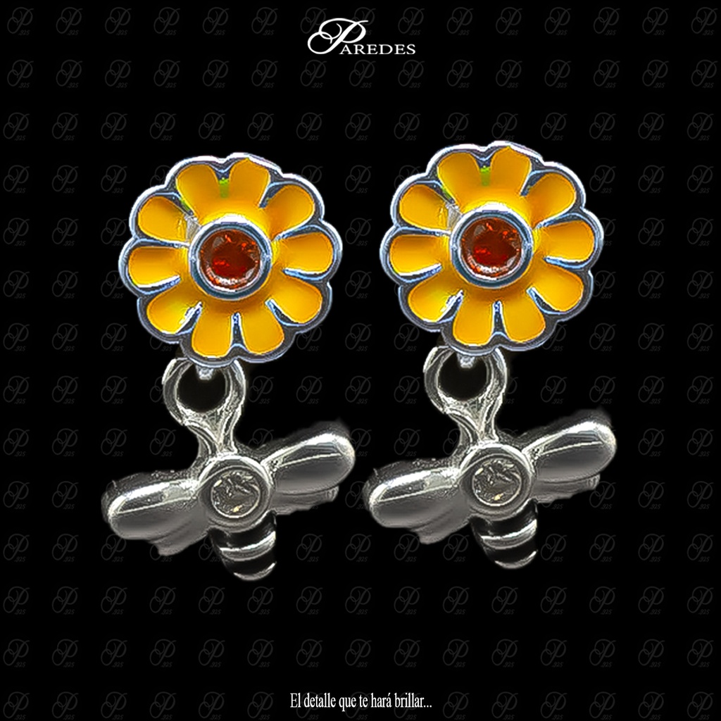 ARETES FLOR AMARILLA CON ABEJA COLGANTE