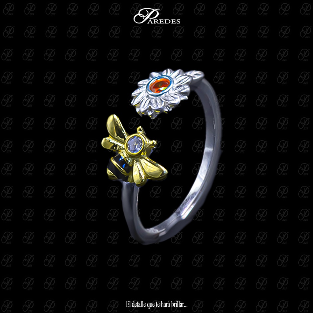 ANILLO FLOR CON ABEJA DORADA MEDIA VUELTA ZIRCONIA NARANJA