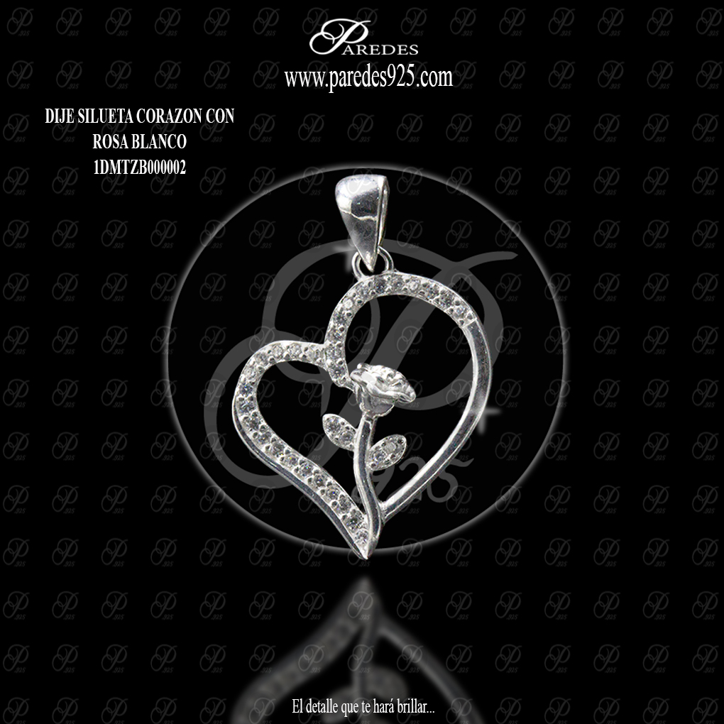 DIJE SILUETA CORAZON CON ROSA BLANCO