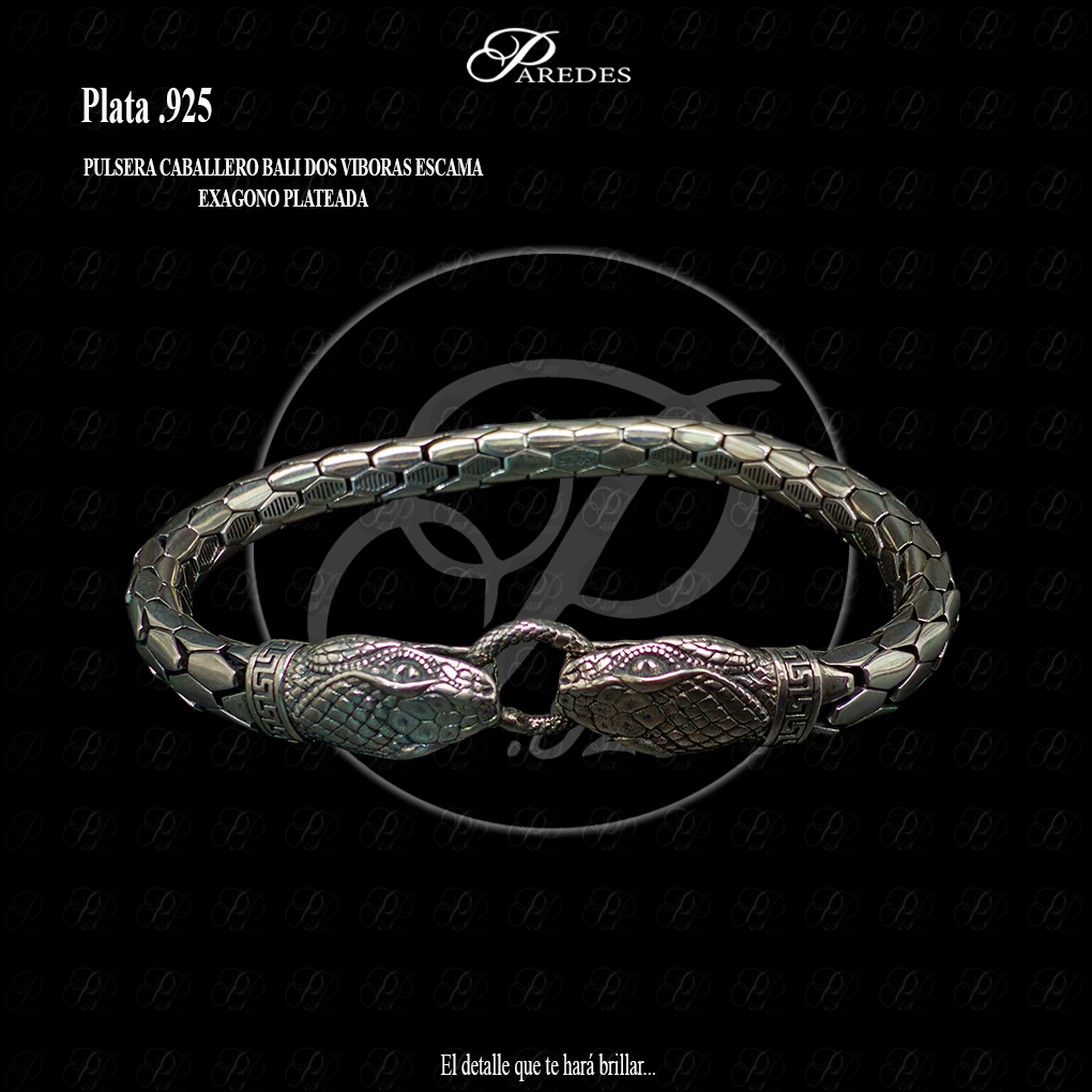 [1PLLBQ220002] PULSERA CABALLERO BALI DOS VIBORAS ESCAMA EXAGONO PLATEADA